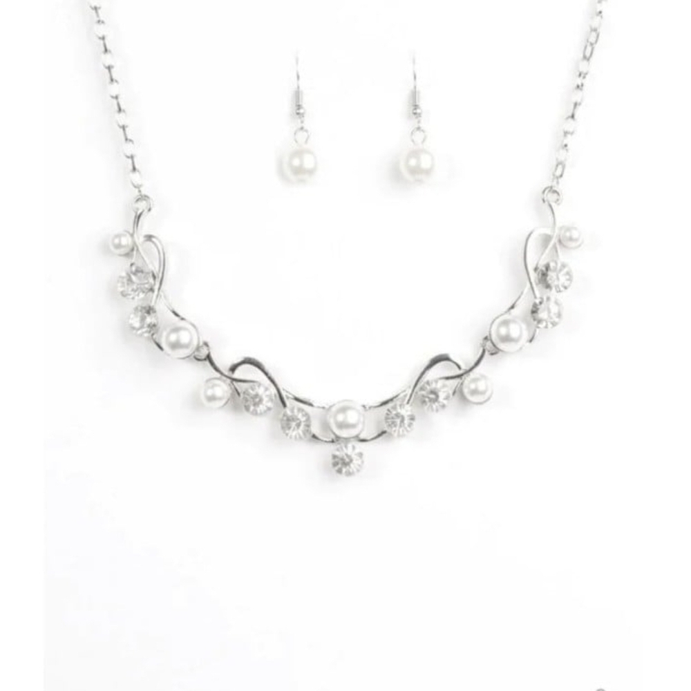 Paparazzi Silver and White Pearl Necklace Set Tie The Knot Rhinestone Jewelry
